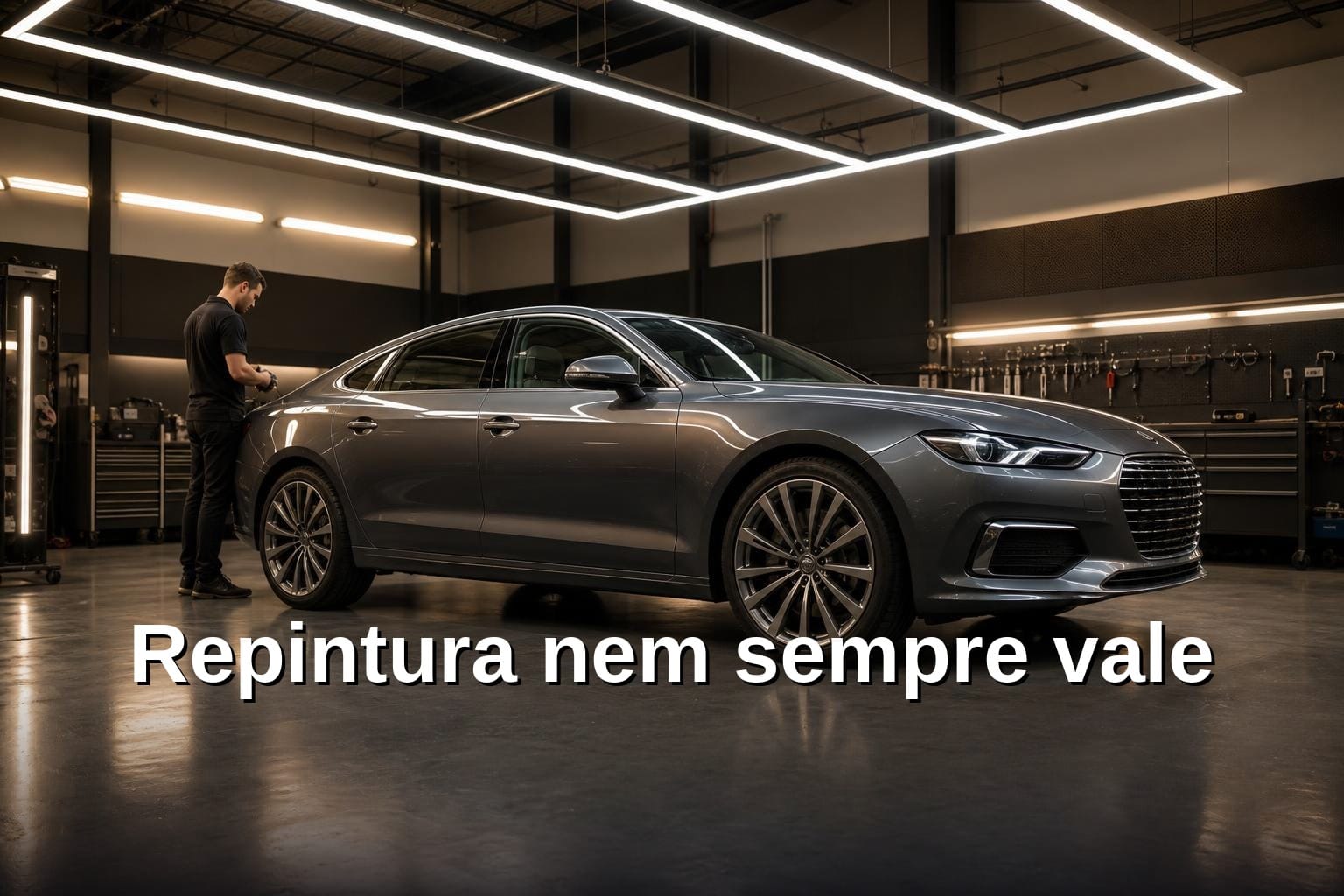 Técnico PDR avaliando amassado profundo em porta de carro com luminária de reflexão