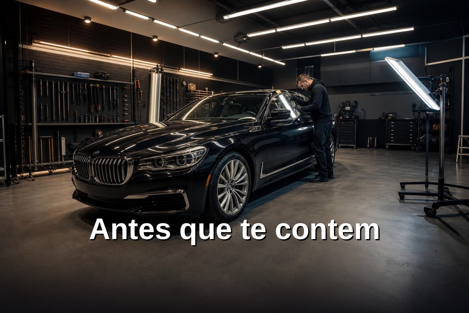 Capô de carro com amassado de granizo sob reflexão de luminária LED mostrando deformação metálica em detalhes
