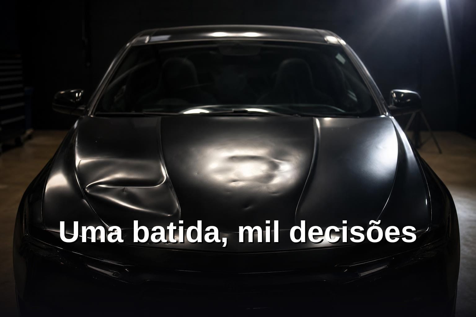 PDR em carro elétrico: técnico trabalhando em capô de alumínio de Tesla com luminária LED