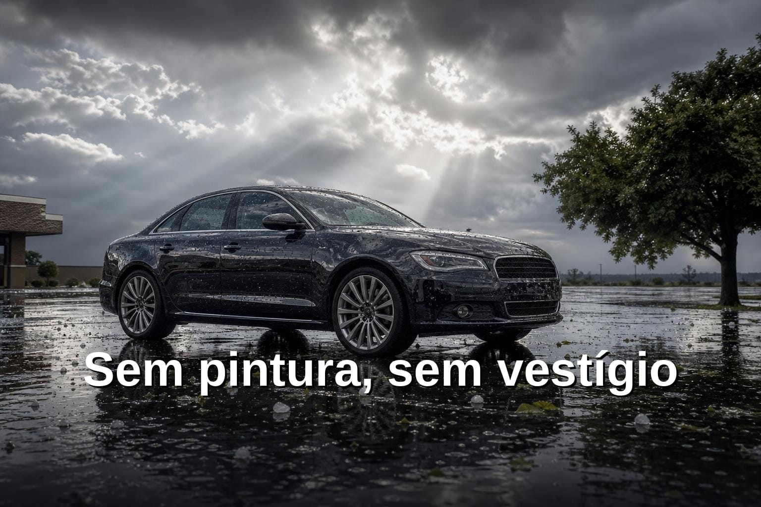Capô de carro prata após chuva de granizo com múltiplos amassados sob luz natural