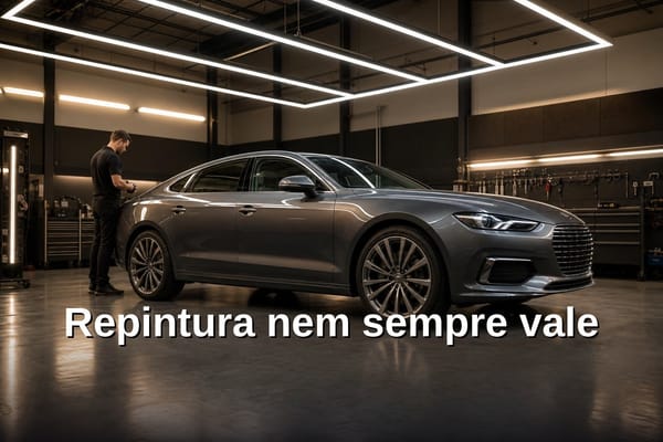 Técnico PDR avaliando amassado profundo em porta de carro com luminária de reflexão