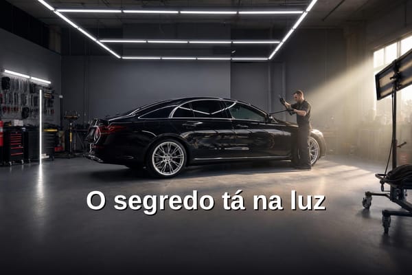 Técnico de PDR avaliando amassado em capô de carro sob luz refletora LED em oficina profissional
