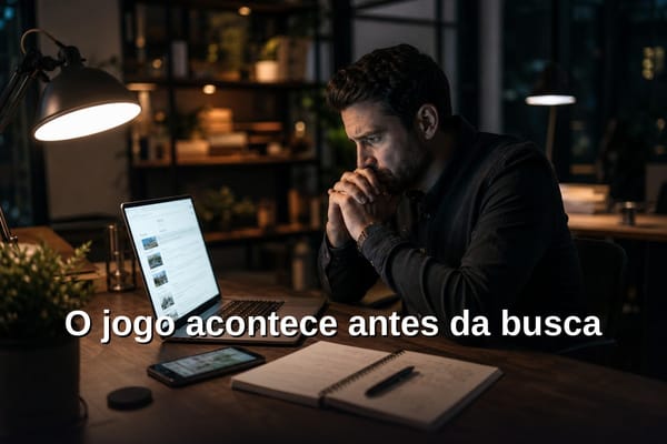 Oficina de reparo automotivo com porta aberta, visível da rua mas vazia — representação de negócio que aparece mas não atrai clientes