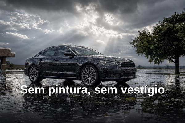 Capô de carro prata após chuva de granizo com múltiplos amassados sob luz natural