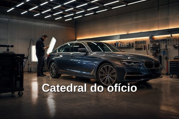 Oficina PDR organizada com ferramentas e carro em reparo, representando sistema de indicação cliente